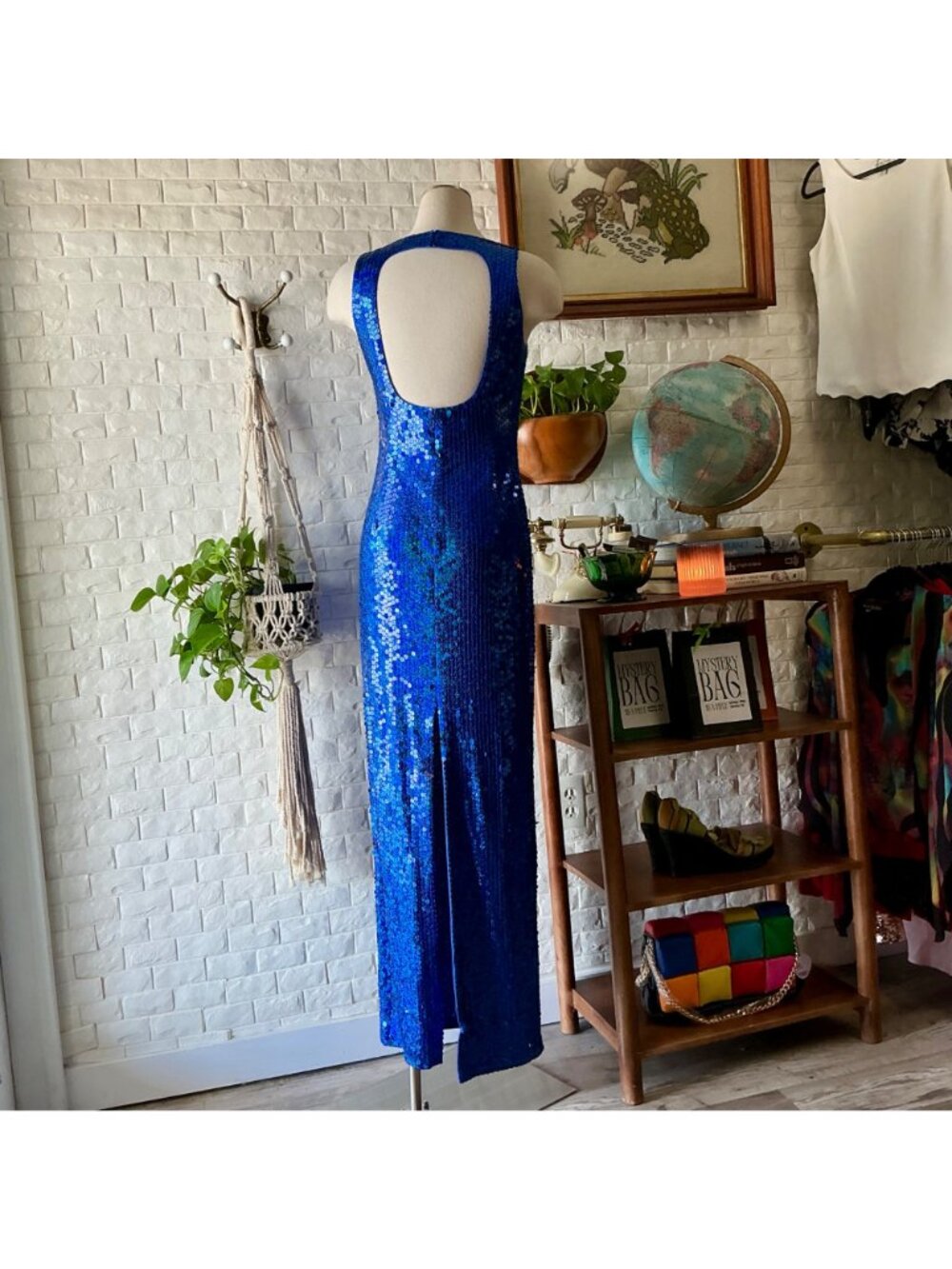 Vintage 1990s Y2K Royal Blue Sequin Halter Dress Gown + Cut-Out Back - Picture 7 of 12